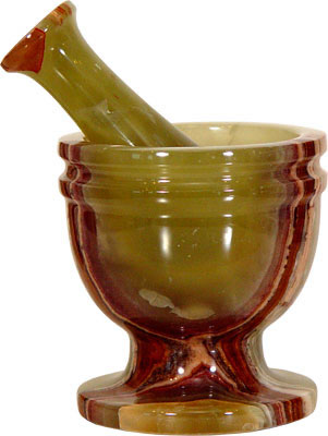 Multi-colored red and green onyx morter and pestle.